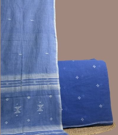 Blue jamdani woven buti top paired with blue handloom dupatta with white jamdani motifs.