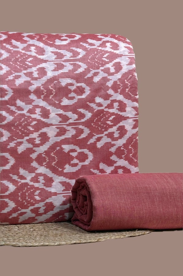 Pink - 2pc Ikkat Top and Handloom Solid Bottom Fabric Set Pink ikkat top with bold white motifs
