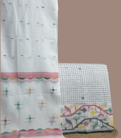 White checked top with multicolour jamdani woven border
