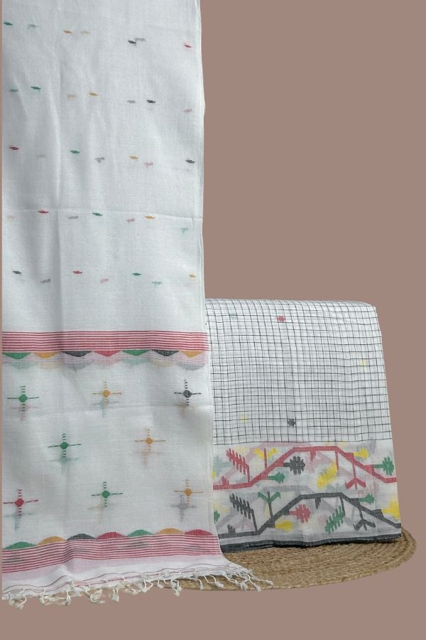 White - 2pc Handloom Dupatta and Jamdani Intricate Woven Top Fabric Set White checked top with multicolour jamdani woven border