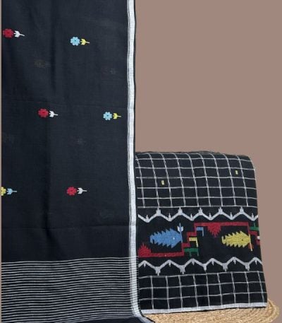 Black checked top with fish jamdani border