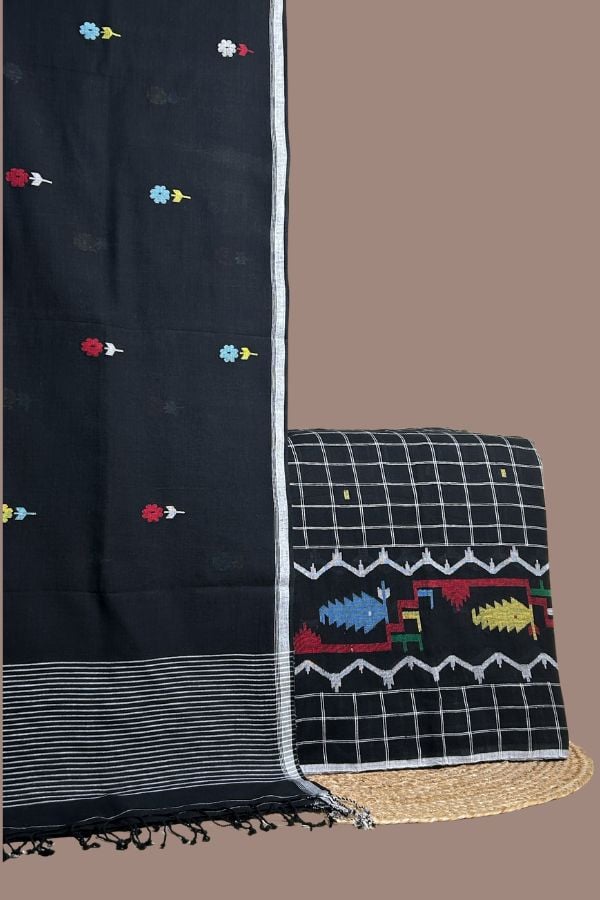 Black - 2pc Handloom Dupatta and Jamdani Intricate Woven Top Fabric Set Black checked top with fish jamdani border