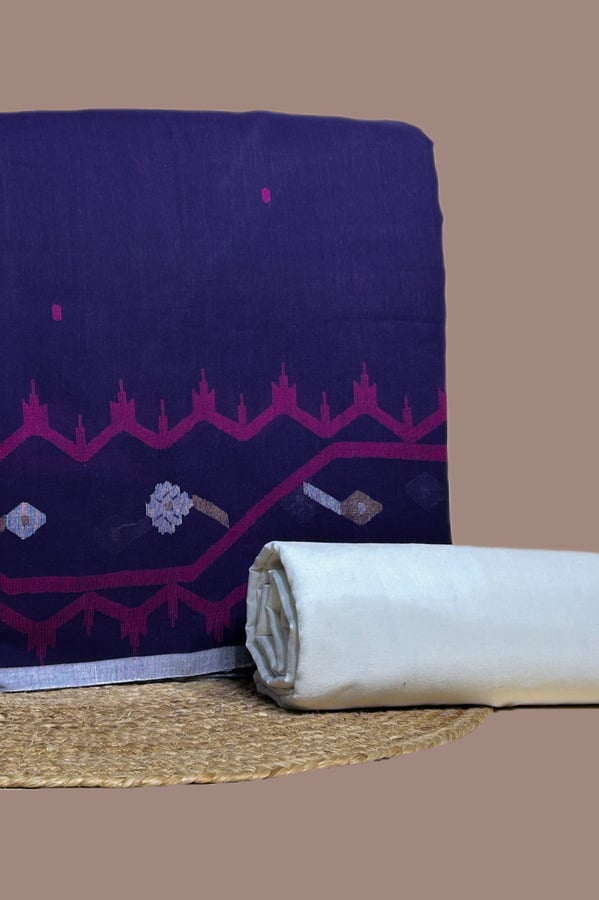 Purple - 2pc Jamdani Intricate Woven Top and Handloom Solid Bottom Fabric Set Purple jamdani top with magenta woven border