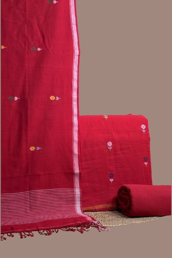 Red jamdani woven top with floral butis