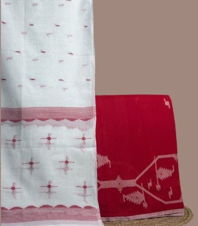Red jamdani top with woven border