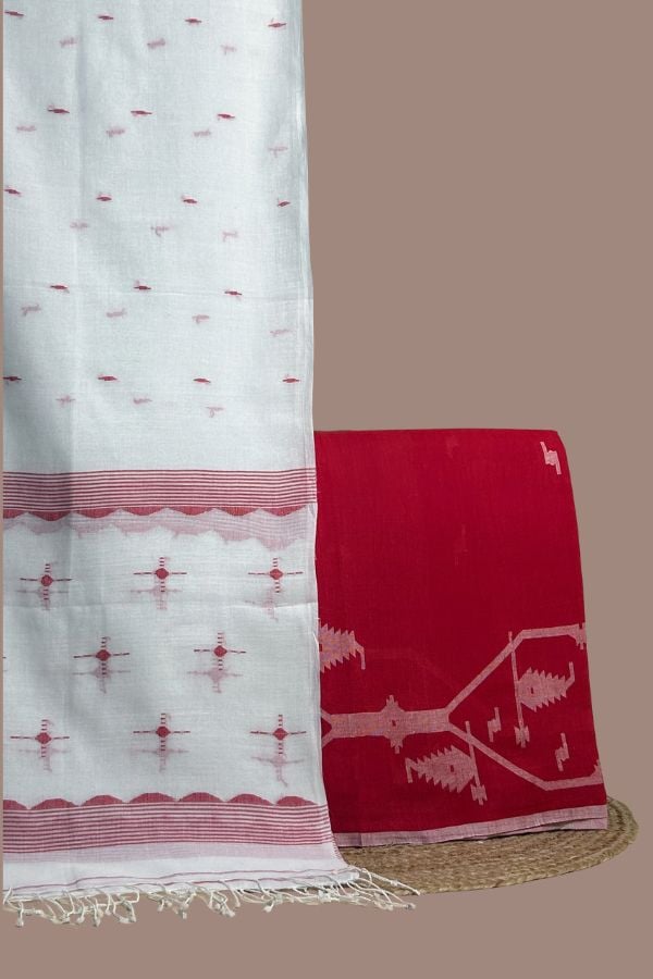 Red jamdani top with woven border