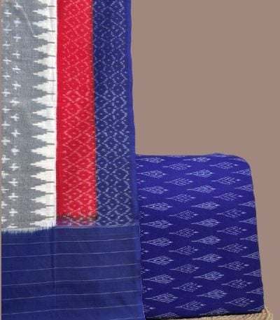 Blue ikkat top paired with multi-panel gray