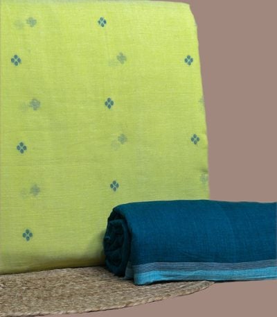 Yellow jamdani woven top with blue butis