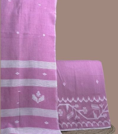 Pink jamdani top with white woven floral border