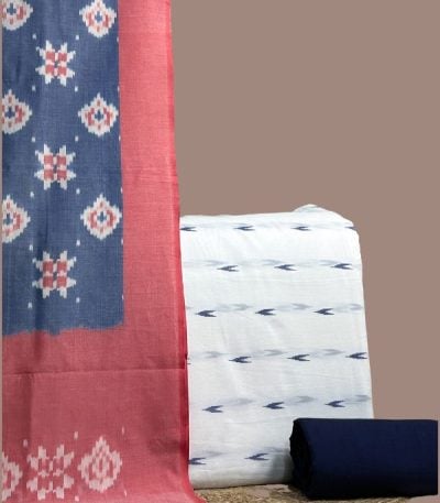 White jamdani woven top with blue chevrons