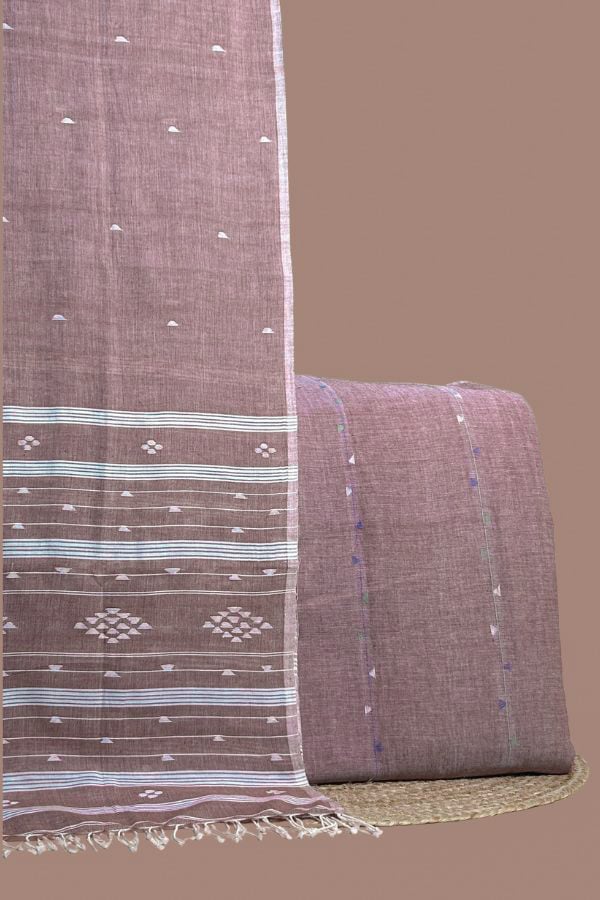 Beige - 2pc Handloom Dupatta and Jamdani Woven Top Fabric Set