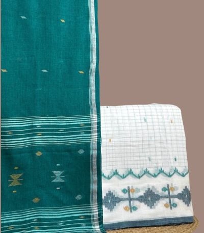 White checked top with blue jamdani woven border