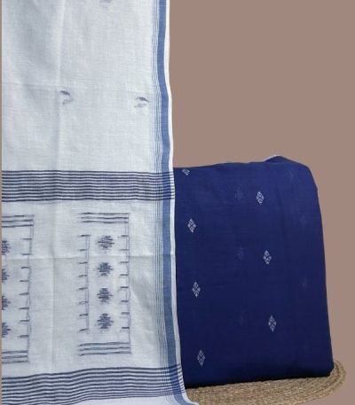 Blue jamdani woven buti top paired with white blue-bordered handloom jamdani dupatta.