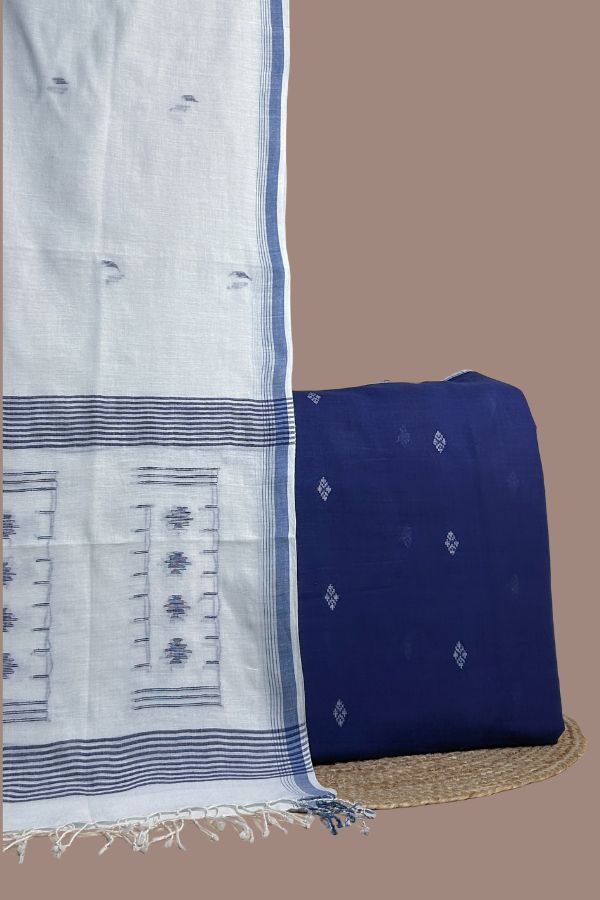 Blue - 2pc Handloom Dupatta and Jamdani Woven Top Fabric Set Blue jamdani woven buti top paired with white blue-bordered handloom jamdani dupatta.