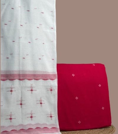 Red jamdani woven buti top paired with white handloom dupatta with red motifs.