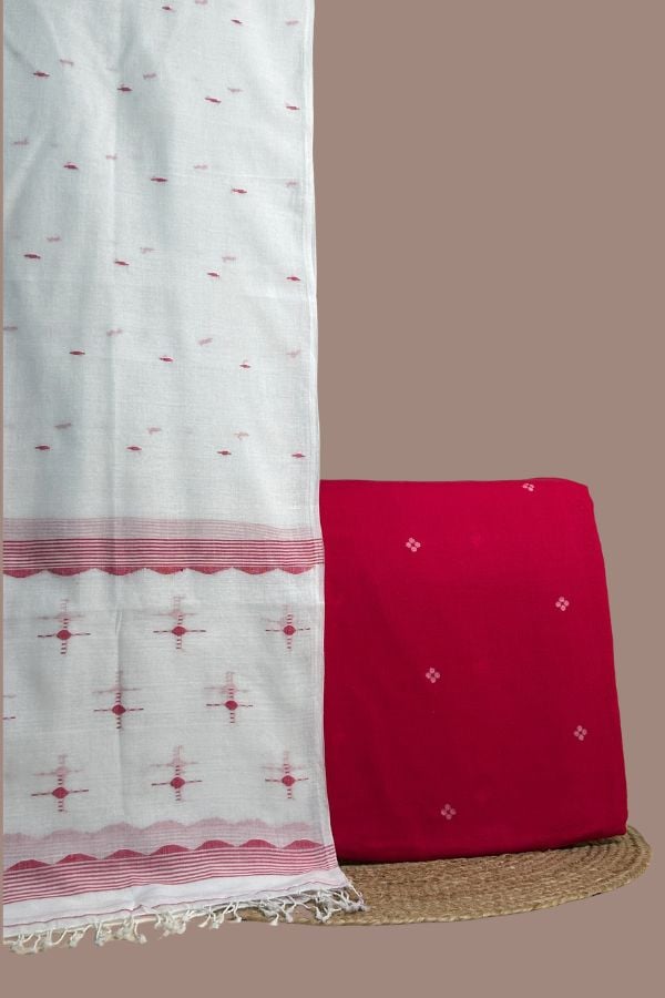 Red - 2pc Handloom Dupatta and Jamdani Woven Top Fabric Set Red jamdani woven buti top paired with white handloom dupatta with red motifs.