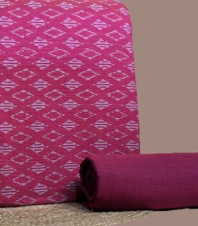 Pink diamond ikkat top paired with solid wine handloom bottom.
