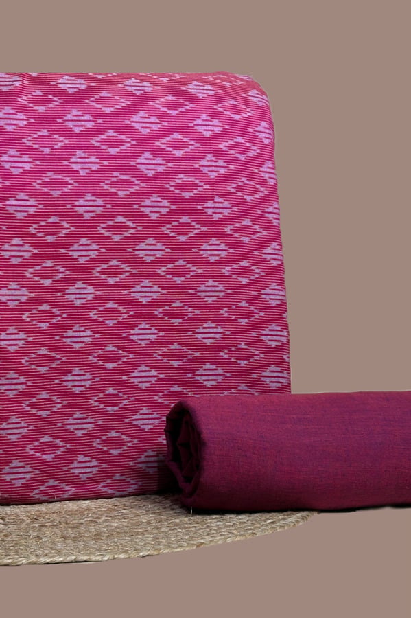Pink - 2pc Ikkat Top and Handloom Solid Bottom Fabric Set Pink diamond ikkat top paired with solid wine handloom bottom.