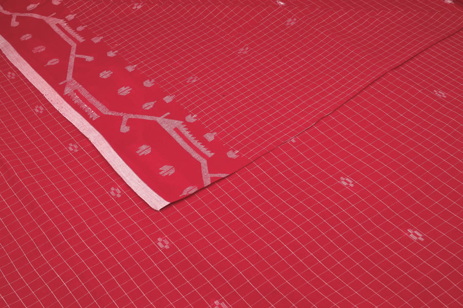 Crimson Checkered Intricate Border Flowy HandLoom Pure Soft Cotton Fabric Authentic HandLoom Woven