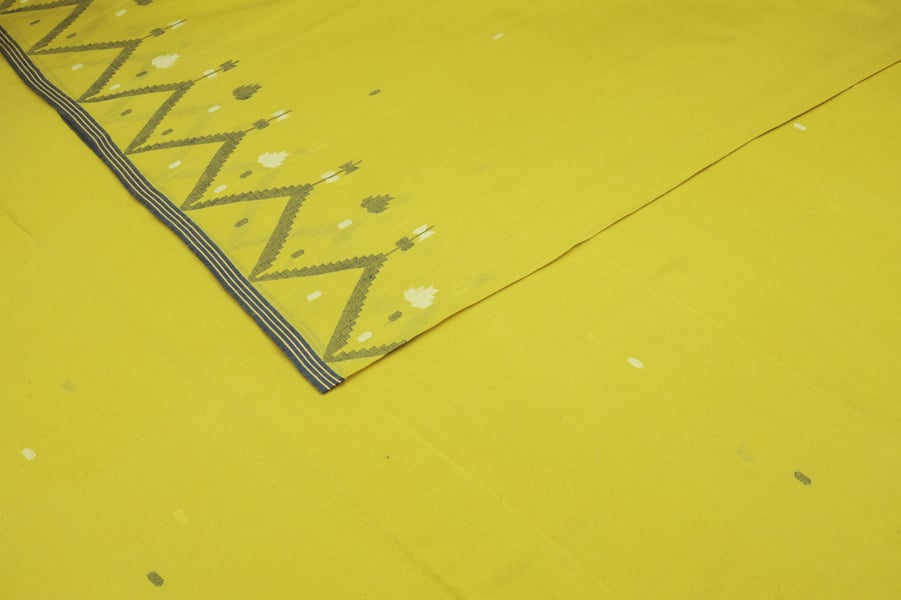 Lime Yellow Buti Intricate Border Flowy HandLoom Pure Soft Cotton Fabric Authentic HandLoom Woven