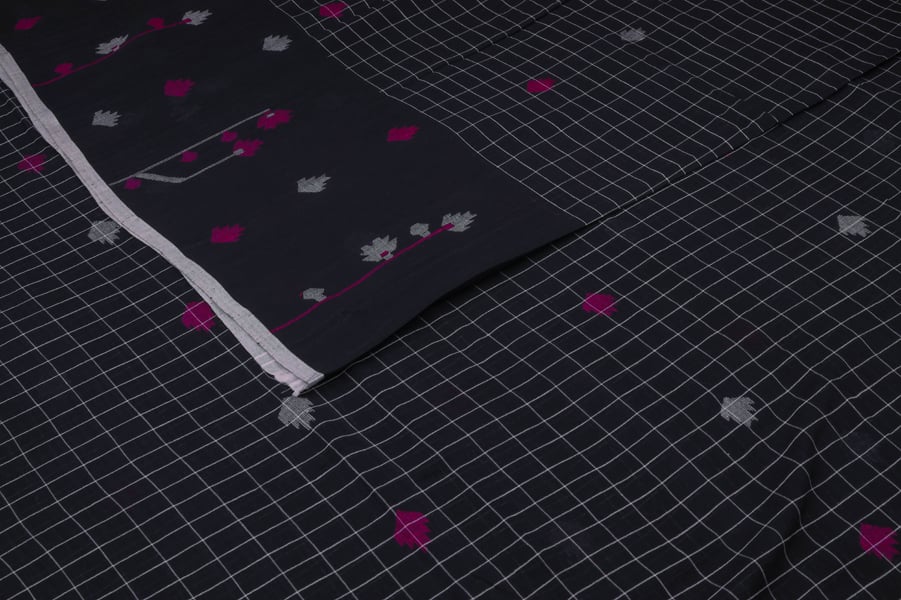 Black Pink Checkered Intricate Border Flowy HandLoom Pure Soft Cotton Fabric Authentic HandLoom Woven