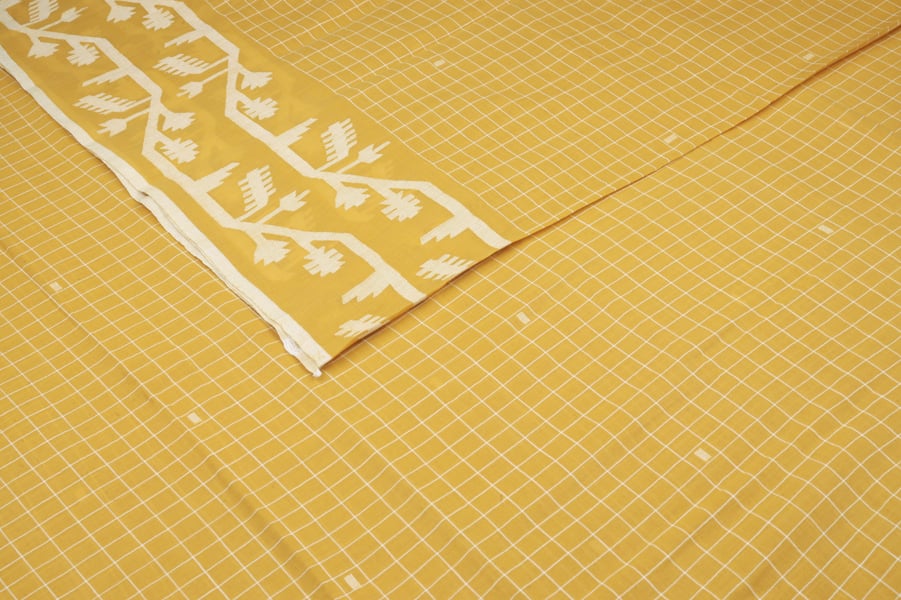 Mustard Checkered Intricate Border Flowy HandLoom Pure Soft Cotton Fabric Authentic HandLoom Woven