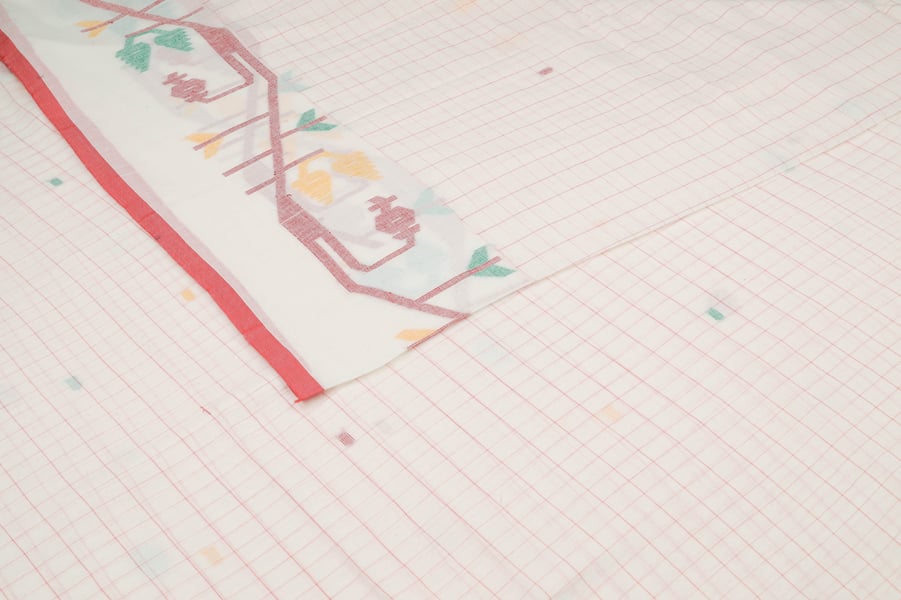 Off-White Red Checkered Intricate Border Flowy HandLoom Pure Soft Cotton Fabric Authentic HandLoom Woven