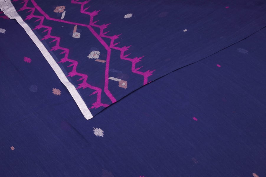 Indigo Magenta Buti Intricate Border Flowy HandLoom Pure Soft Cotton Fabric Authentic HandLoom Woven