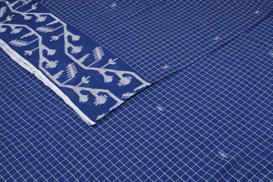 Royal Blue Checkered Intricate Border Flowy HandLoom Pure Soft Cotton Fabric Authentic HandLoom Woven