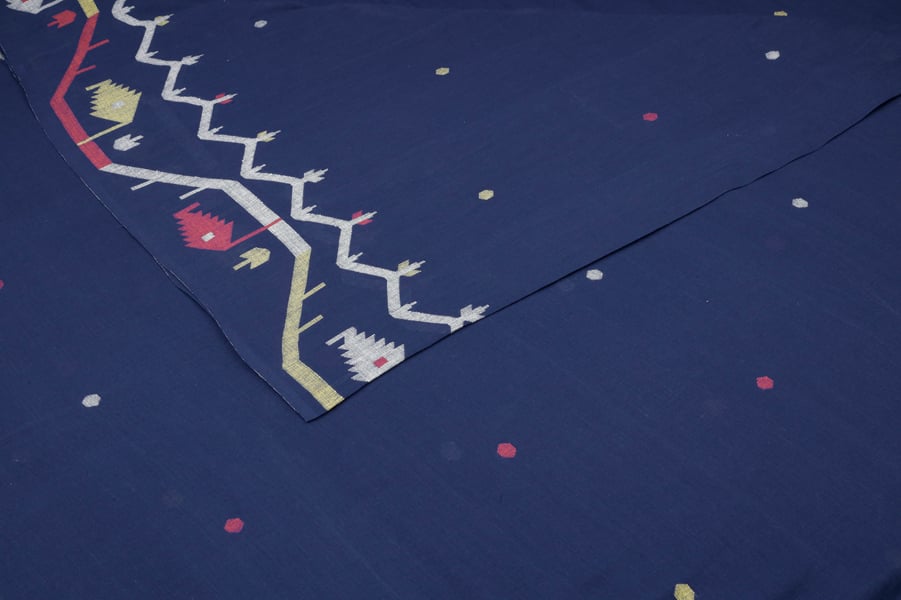 Navy Blue Multicolour Buti Intricate Border Flowy HandLoom Pure Soft Cotton Fabric Authentic HandLoom Woven