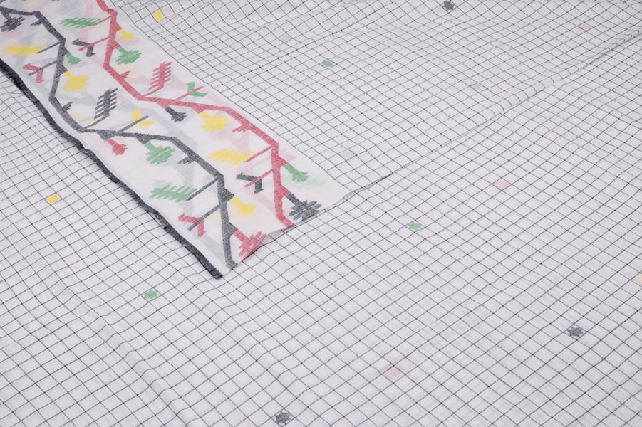 White Black Checkered Intricate Border Flowy HandLoom Pure Soft Cotton Fabric Authentic HandLoom Woven