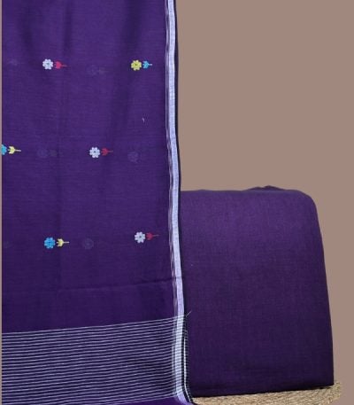 Purple plain handloom top paired with purple handloom dupatta with multicolour floral butis.