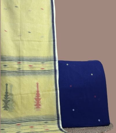 Blue jamdani woven buti top paired with pale yellow handloom jamdani dupatta.