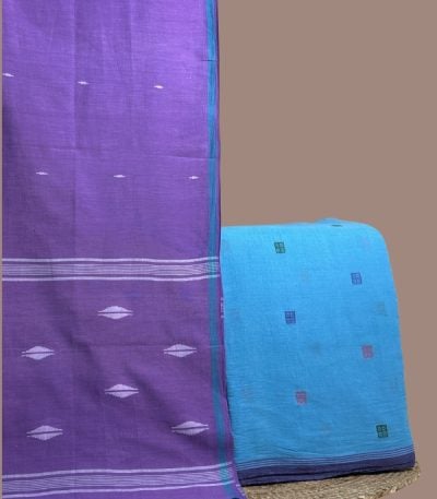 Sky blue jamdani woven buti top paired with purple handloom jamdani dupatta.