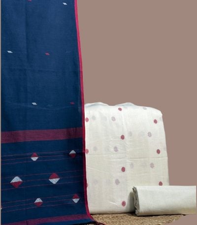 White jamdani woven top with pink dots