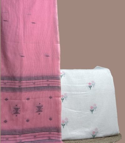 White jamdani woven top with pink floral butis
