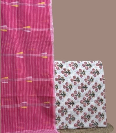 White blockprint floral top paired with pink striped handloom jamdani dupatta.