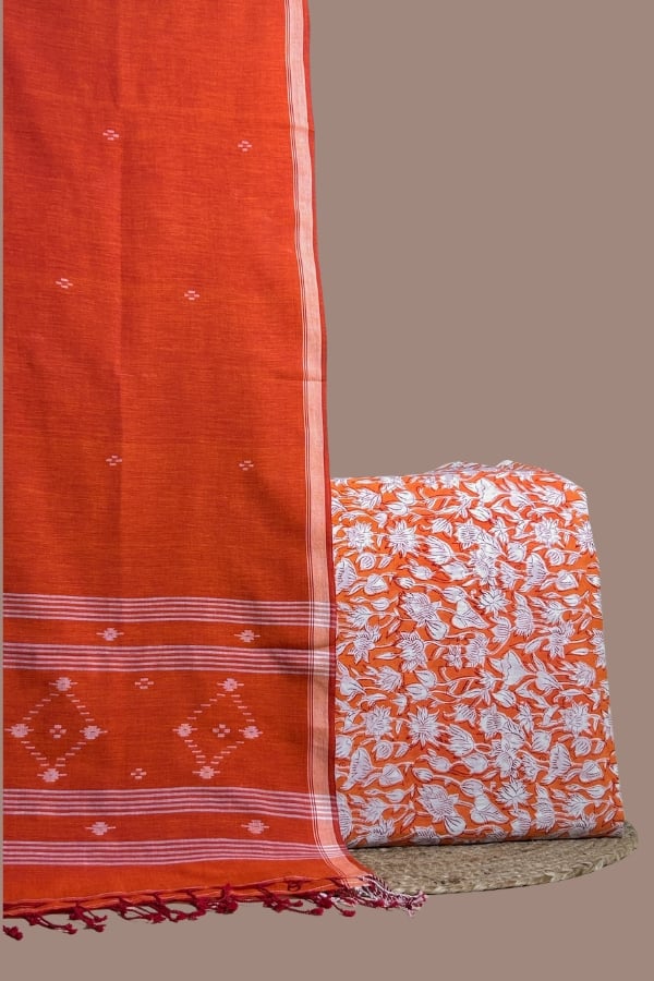 Red - 2pc Handloom Dupatta and Blockprint Top Fabric Set Orange-red blockprint floral top paired with matching handloom jamdani dupatta.