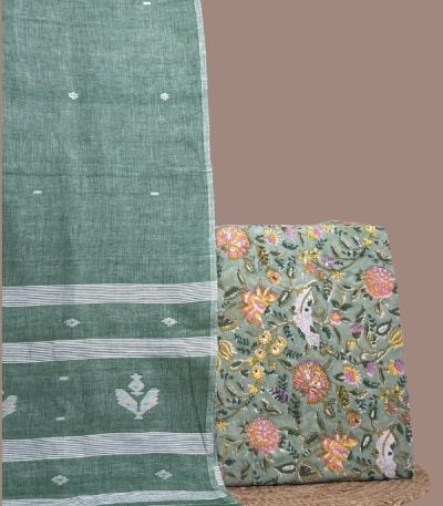 Green multicolour floral blockprint top paired with green handloom jamdani dupatta.