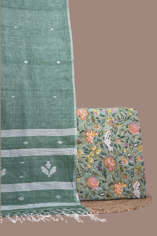 Green - 2pc Handloom Dupatta and Blockprint Top Fabric Set Green multicolour floral blockprint top paired with green handloom jamdani dupatta.