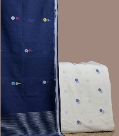 White jamdani woven top with blue dots