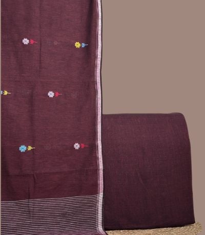 Wine plain handloom top paired with wine handloom dupatta with multicolour floral butis.
