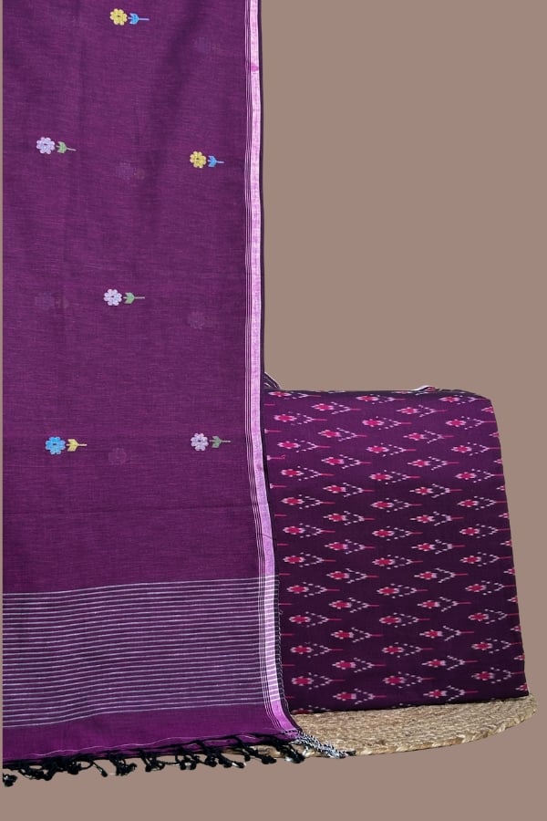 Purple - 2pc Handloom Dupatta and Ikkat Top Fabric Set Purple ikkat top with pink motifs