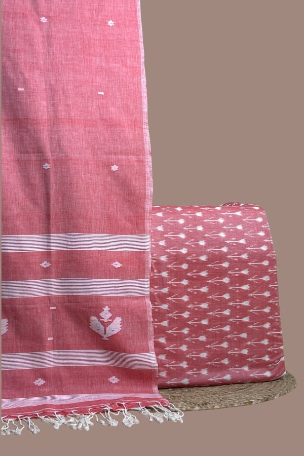 Pink - 2pc Handloom Dupatta and Ikkat Top Fabric Set Pink ikkat top with white arrows