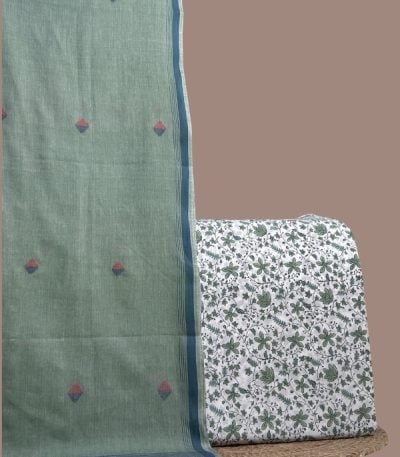 White blockprint top with green leaf vines