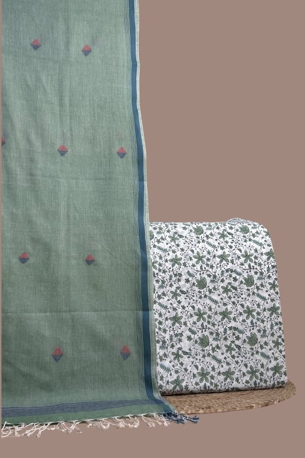 White - 2pc Handloom Dupatta and Blockprint Top Fabric Set White blockprint top with green leaf vines