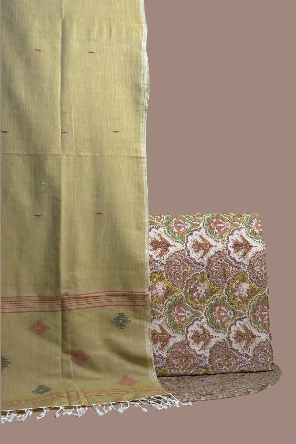 White - 2pc Handloom Dupatta and Blockprint Top Fabric Set Multicolour jaal blockprint top paired with olive handloom jamdani dupatta.