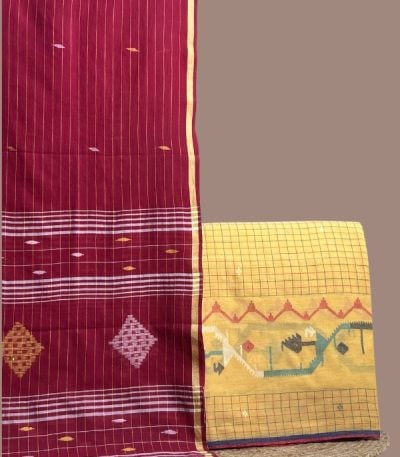 Yellow checked top with colourful jamdani woven border