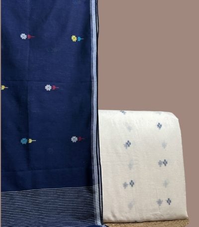 White jamdani woven top with blue butis