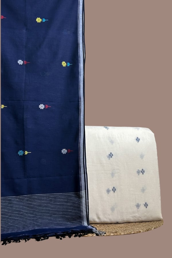 White jamdani woven top with blue butis